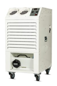 MCe6.0 portable air conditioner, image with white background and angle to show front and side view of unitnt white background